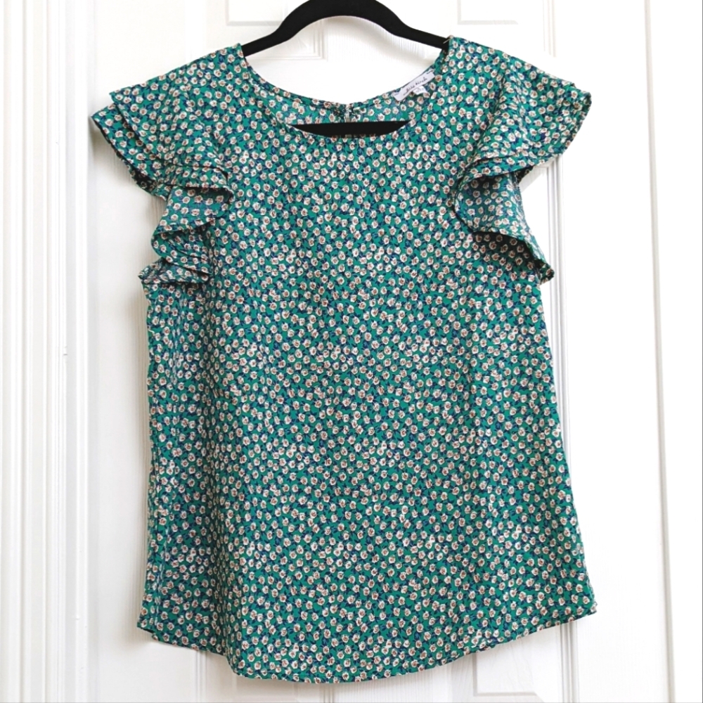 White Birch Green Floral Blouse EUC